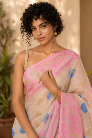 1046 White Pink Blue Saree