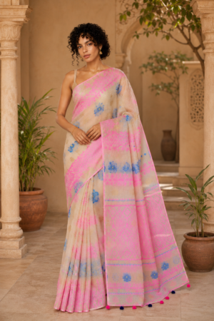 1046 White Pink Blue Saree