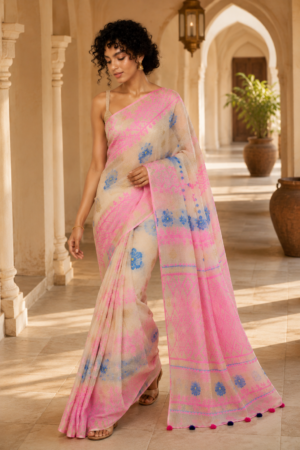 1046 White Pink Blue Saree