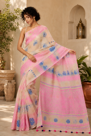 1046 White Pink Blue Saree