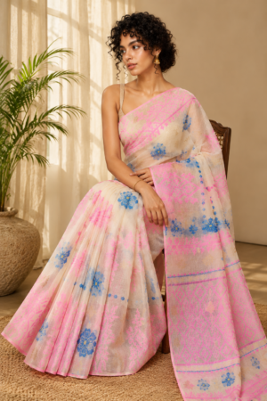 1046 White Pink Blue Saree