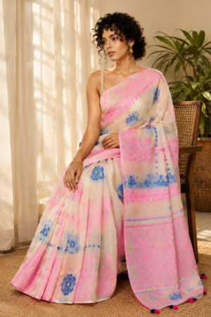 1046 White Pink Blue Saree
