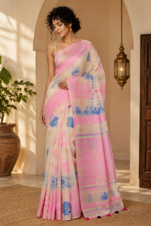 1046 White Pink Blue Saree