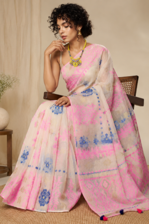 1046 White Pink Blue Saree