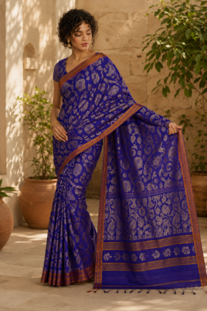 1036 Blue Jamdani Floral Vine Pattern Saree