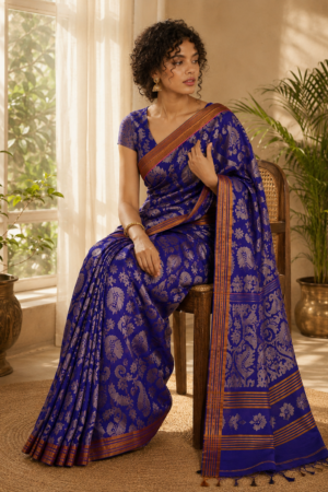 1036 Blue Jamdani Floral Vine Pattern Saree