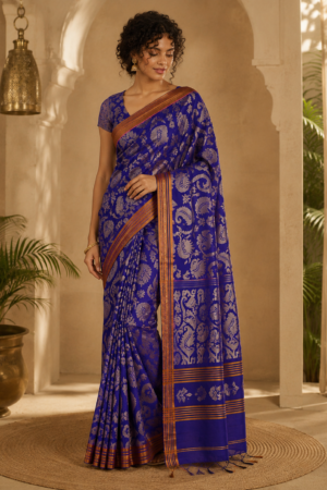 1036 Blue Jamdani Floral Vine Pattern Saree