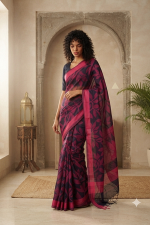 1027 Pink and Navy Blue Jamdani
