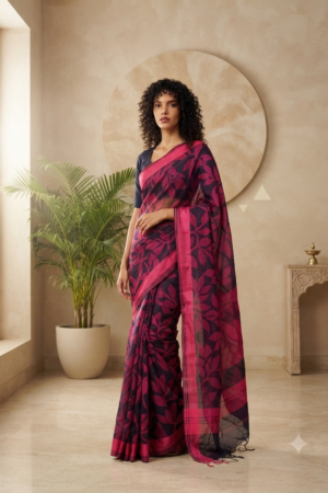 1027 Pink and Navy Blue Jamdani