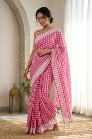 1021 Pink Chequered Mul Saree