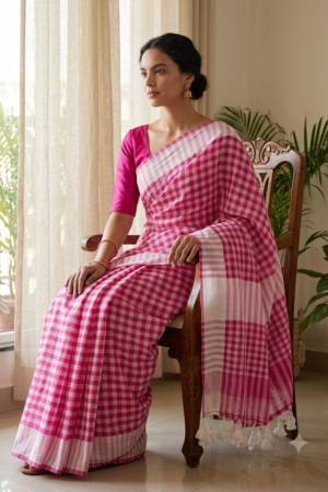 1021 Pink Chequered Mul Saree