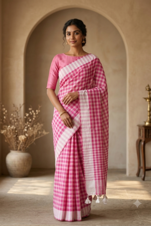 1021 Pink Chequered Mul Saree
