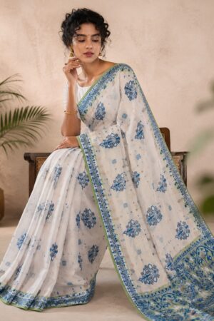 1042 White n Blue n Green Saree