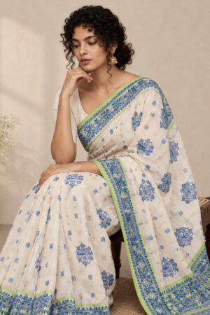 1042 White n Blue n Green Saree