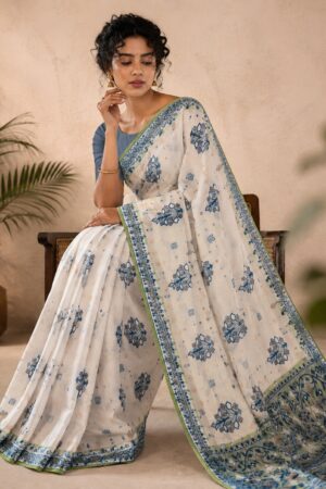 1042 White n Blue n Green Saree