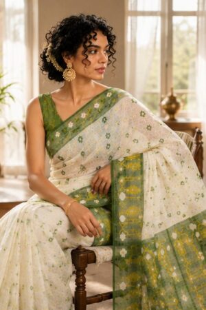 1047 Green n White Flowers Saree