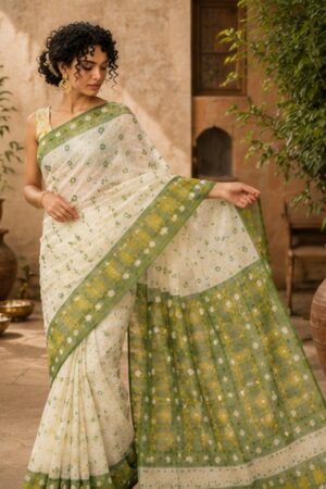 1047 Green n White Flowers Saree