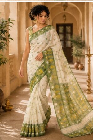 1047 Green n White Flowers Saree