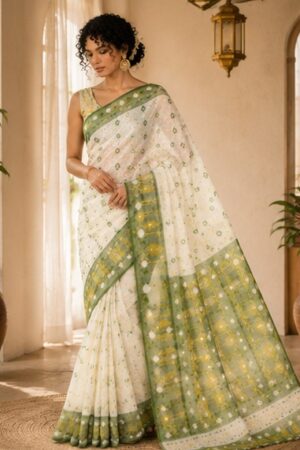 1047 Green n White Flowers Saree