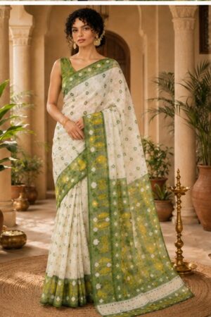 1047 Green n White Flowers Saree